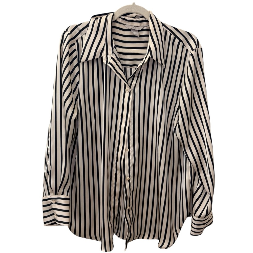 H&M Classic Black and White Striped Button-Up Shirt - Women's Top size L